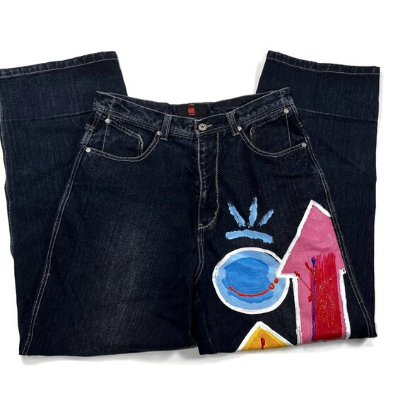 Boom X Jeans Mens 34 x 32 Baggy Wide Leg Y2K Painted Hiphop Denim Vintage 90s - Picture 13 of 14